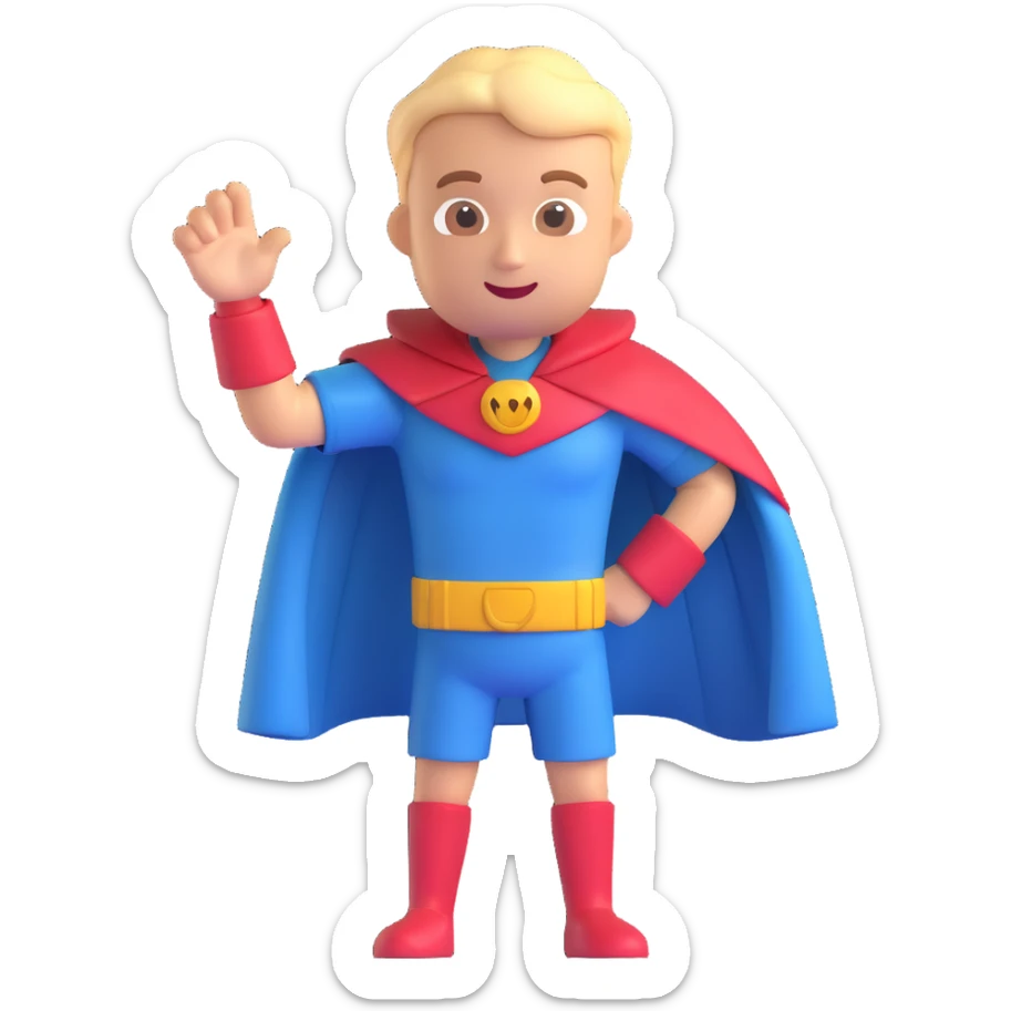 3D emoji-style character with a cape, striking a heroic pose, vibrant and friendly sticker