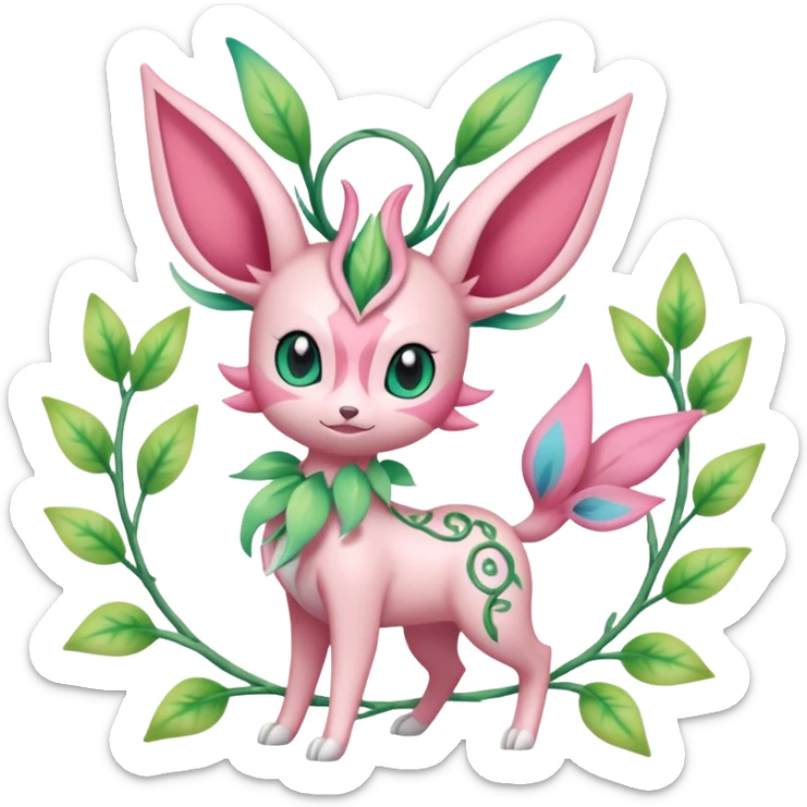 Rosy floral romantic cute pastel Sylveon-Celebi-Leafeon-Pokémon-Digimon-Fakémon-hybrid-fusion-creature with vines entangled around sticker