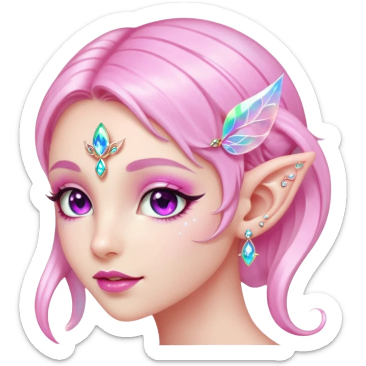 portrait of pink Elvish fae shiny sparkly iridescent translucent diaphanous ear climber ear cuff sticker