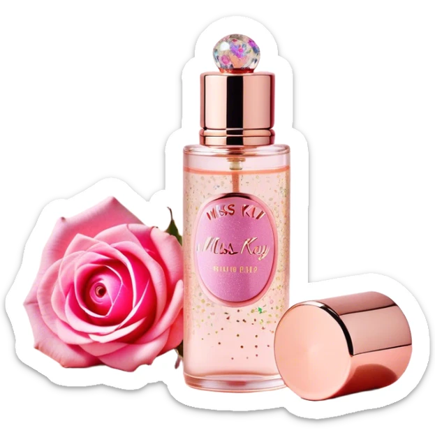 A **slim, cylindrical perfume bottle** with a **transparent glass body**, a **rose gold metallic cap**, and a **pink label decorated with colorful sprinkles**. The label features the brand name "MISS KAY" and the fragrance name "CUTIE PIE." The design is **playful, feminine, and compact**, ideal for carrying on the go. sticker