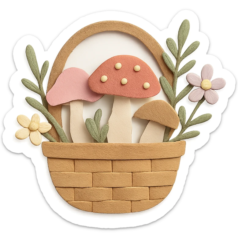 basket full of forest goodies with mushrooms, herbs, flowers in soft pastel colors, paper-craft style sticker