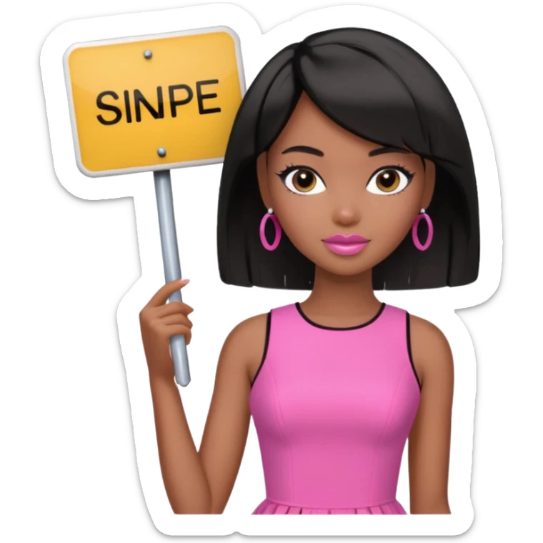 Black barbie, short  black bob  hair, pink dress with a sign that says snipe sticker