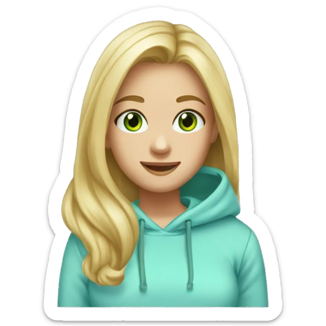 Girl Blonde liss hair at shoulders, green eyes, sonrisa, light blue hoddie sticker