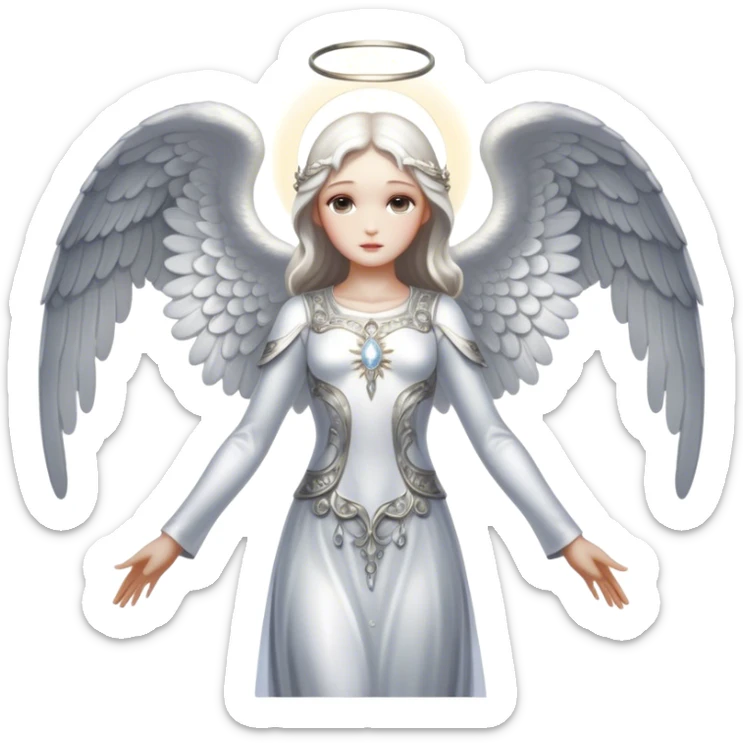 Full body, Cinematic and Ultra realistic 32k HD hauntingly beautiful Angel with Balanced features, highly detailed, glowing with silver light, high shine, remembrance, a painting of white silver, fanciful, enchanting. The image is so lifelike it could leap off the canvas at any moment sticker