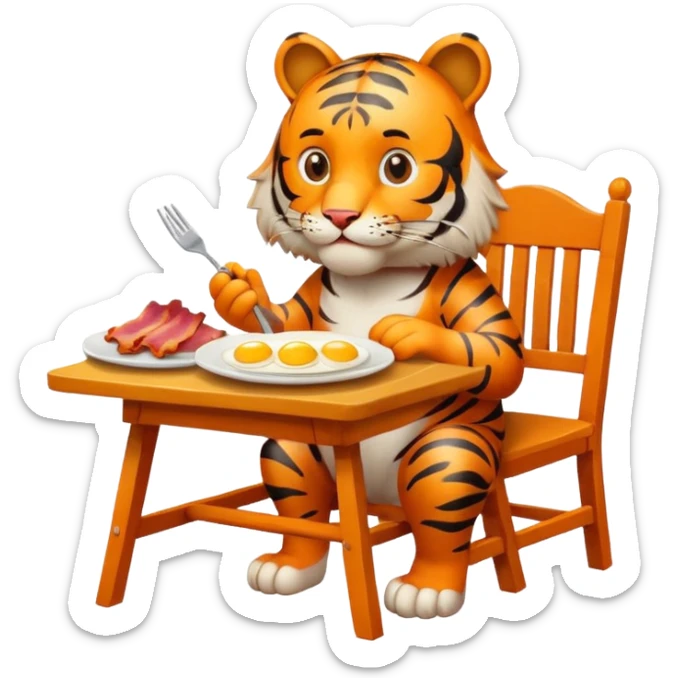 Tiger sitting by a table on a chair, with a plate of eggs and bacon in front of him on the table sticker