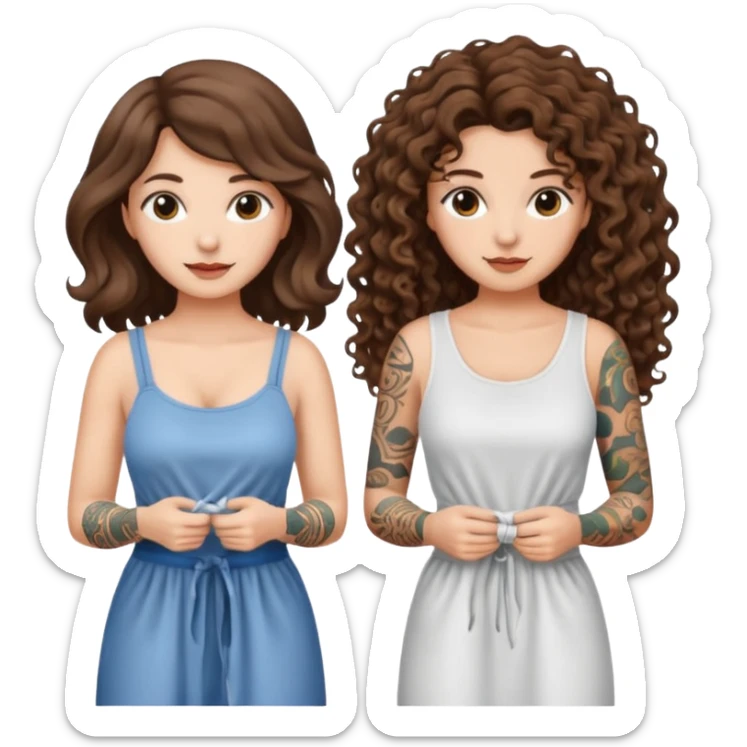 moon laundry — long wavy brown hair tattooed woman and short tight curly brown hair woman — cloth line sticker