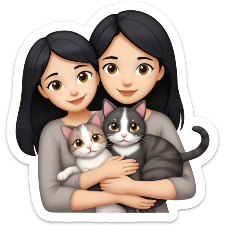 happy girl with black hair hugging three cats  (carey cat, gray cat, brown calico cat) sticker