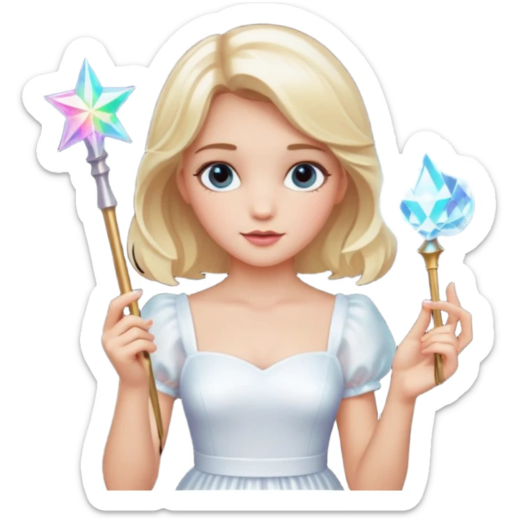 dorothy queen blonde hair, white dress with magic wand sticker