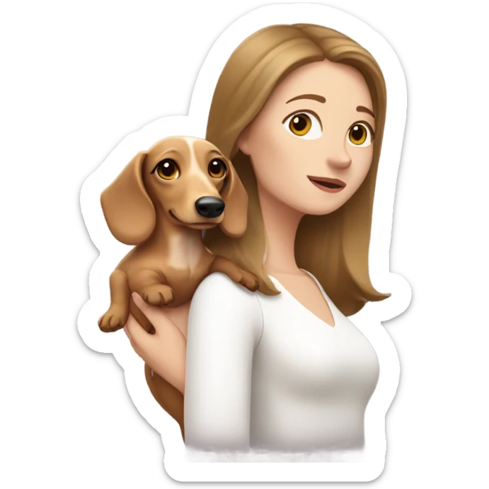 Brown haired woman with white skin wearing white top holding a blonde long haired dachshund sticker