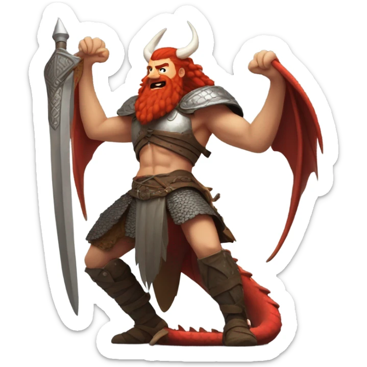 Viking red head beautiful  dragon queen with a slain Viking solder with a man bun standing on a dragon flying over a volcano in a beautiful sky sticker