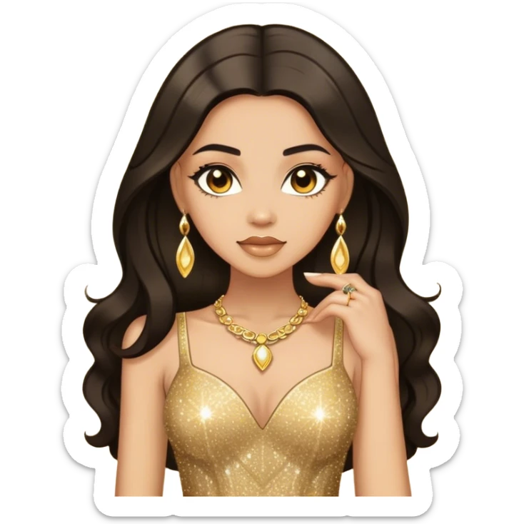 light skin woman with half long dark hair in gold sparkle dress with gold jewelry sticker