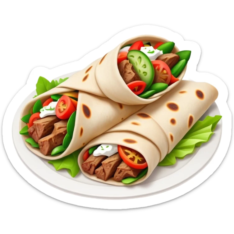 cinematic-realistic-gyros-dish-emoji,-showcasing-succulent,-spiced-meat-wrapped-in-pita-with-fresh-vegetables-rendered-with-lifelike-detail-and-dynamic,-appetizing-lighting. sticker