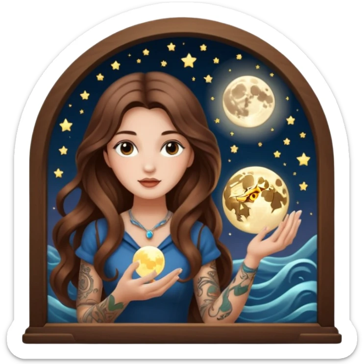 moon mystic woman long wavy brown hair tattoos opening tiny light box sticker