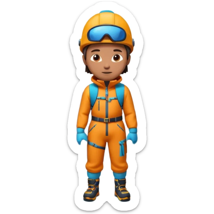 A 3D cartoon mountaineer standing on a snowy Everest-like summit with a flag, wearing colorful climbing gear, soft lighting, Memoji-style.negative : Flag sticker