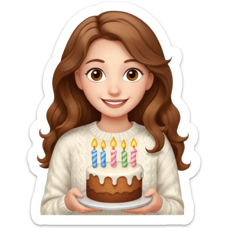 A pretty white girl with hazel brown eyes and long brown wavy hair in a cosy white knit sweater, she is celebrating her birthday and is happy sticker