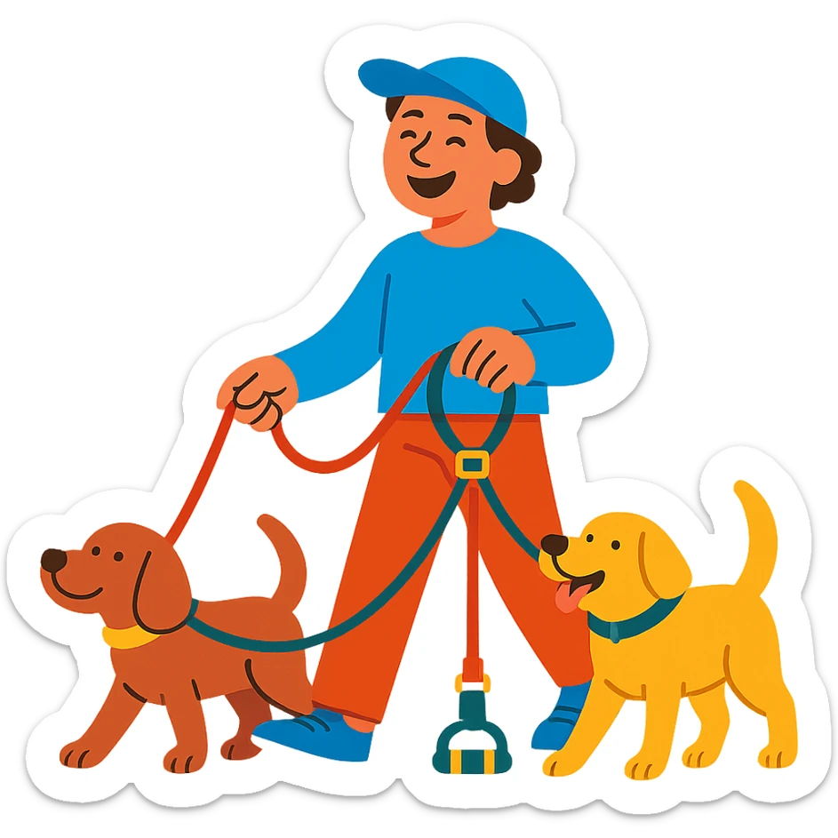 happy person walking two dogs with organized leashes, multifunctional dog walking collar, feeling of tranquility and order, vibrant and friendly style sticker