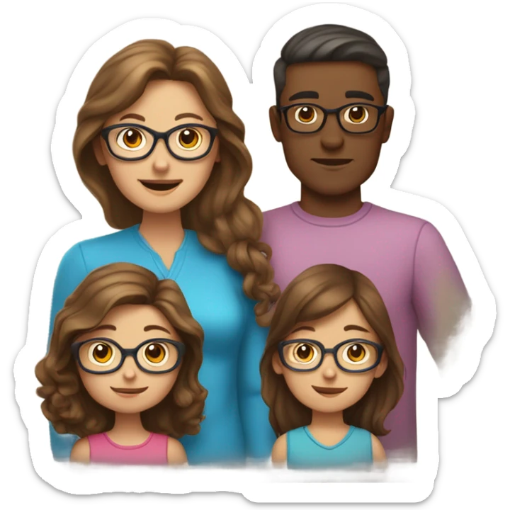 White family of 4, brown hair mom, brown hair boy, 2 girls with glasses and long brown hair sticker