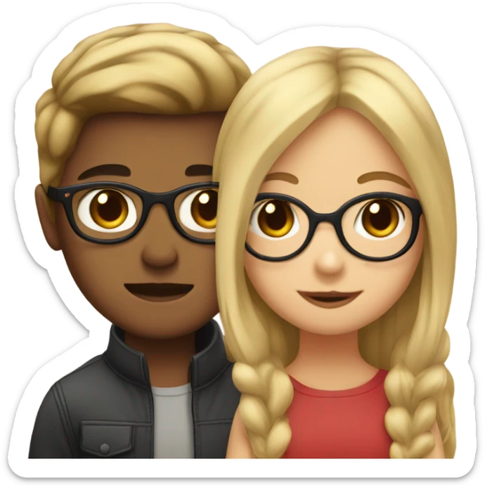 a girl with bright blonde straight hair and brown eyes kissing a boy with dark brown hair and he wears glasses sticker