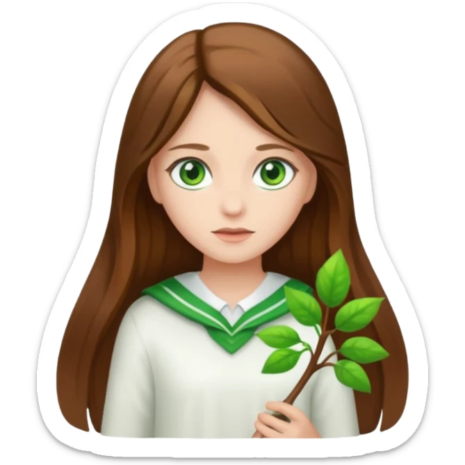 Girl with long brown hair and green eyes and a white ahirt sticker