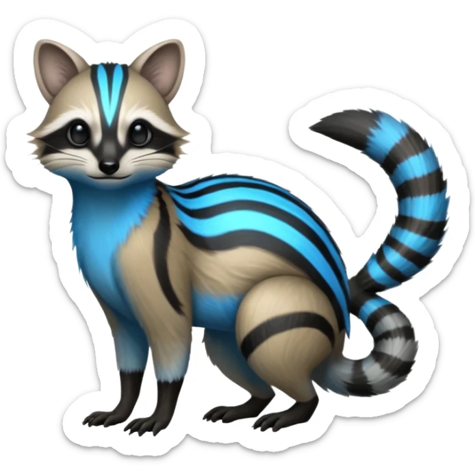 White and blue and grey and black neon glowing bioluminescent Genet-Numbat-Cacomistl-Tamarin-Tanuki-fusion-hybrid (full body) sticker