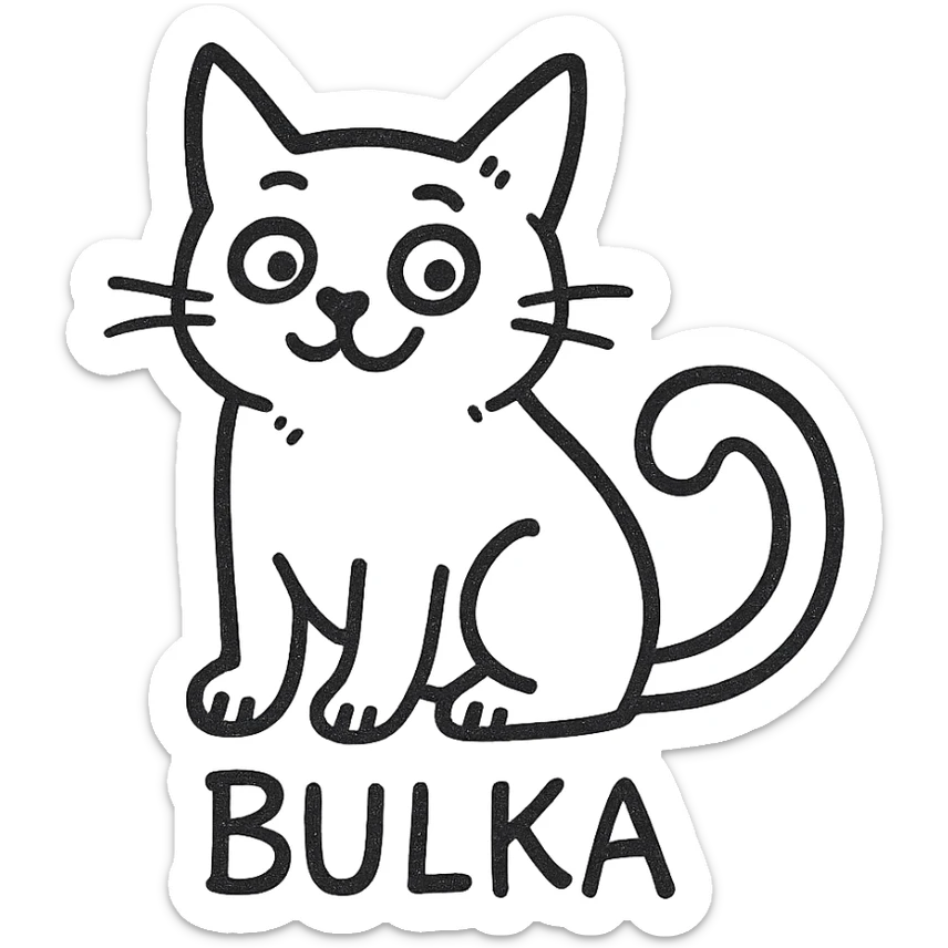 hand-drawn black outline icon of a playful cat named Bulka, sitting with its tail curled sticker