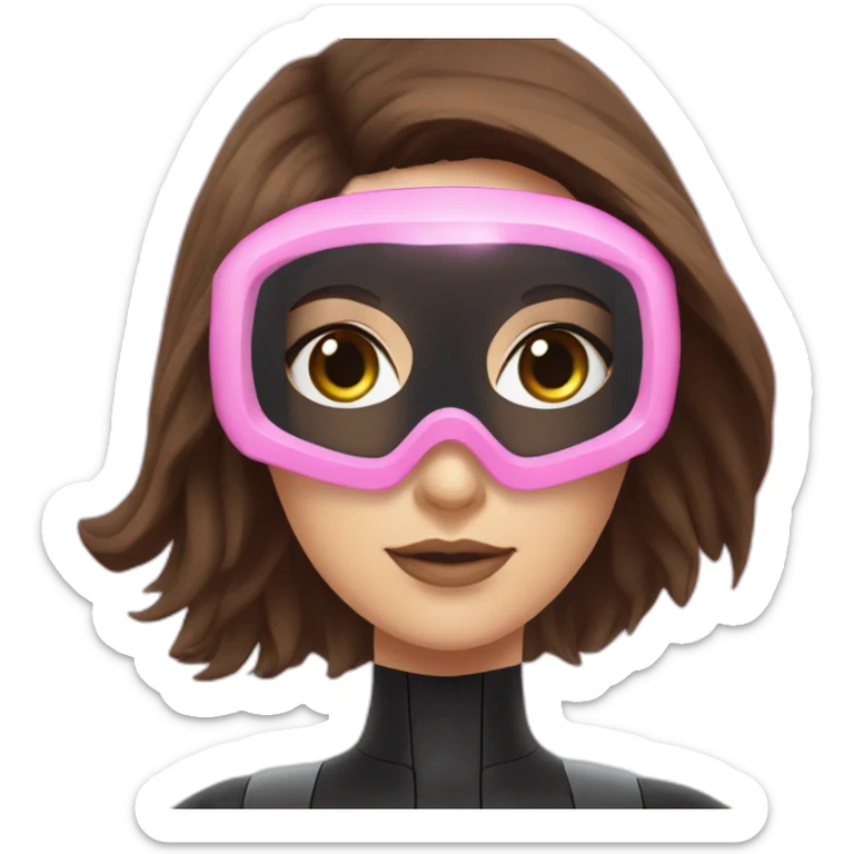 woman with brown eyes, large and long straight brown hair, pink diving mask with a single crystal. underwater black suit sticker