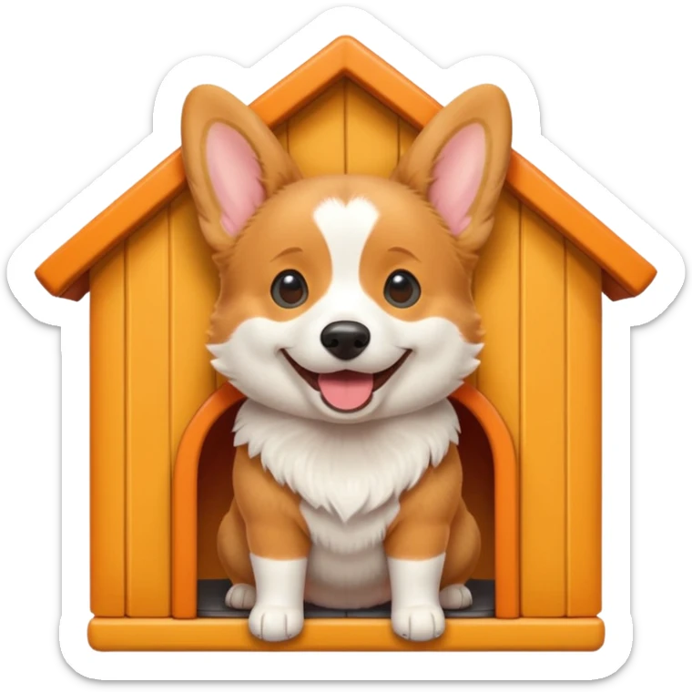 realistic corgi with its head sticking out of a dog house, emoji style sticker