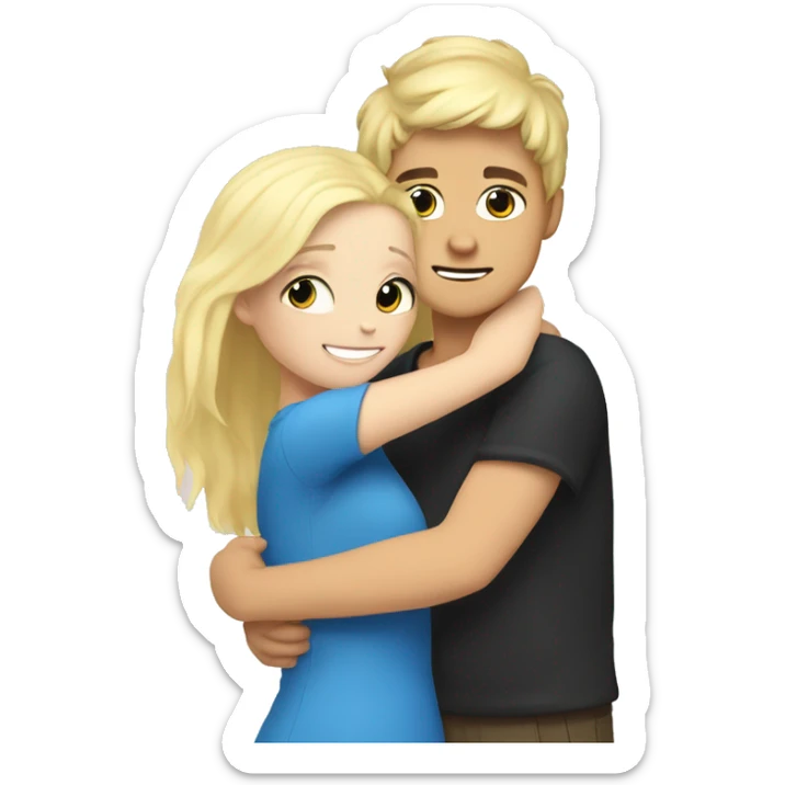 boy with black hair and blue eyess hugging a girl with blonde hair and hazel eyes sticker