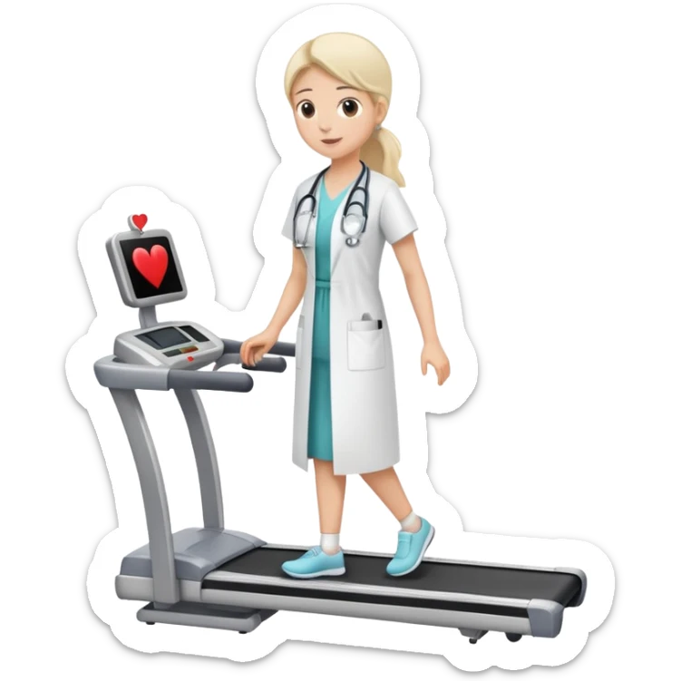 treadmill, patient in hospital gown, heart monitor, and doctor sticker