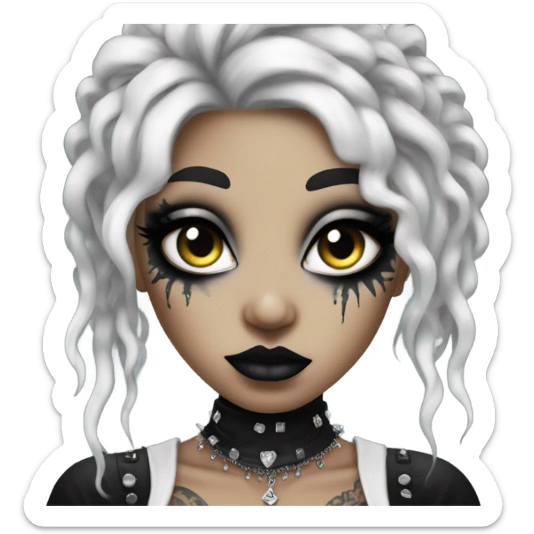 goth girl with heavy white and black makeup, piercings, tattoos, teased hair, white eyes sticker