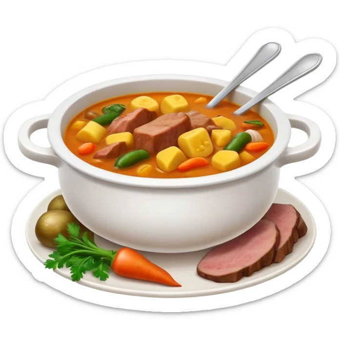 Cinematic Realistic Sancocho Soup Dish Emoji, featuring a rich, hearty stew with diverse meats and vegetables rendered with lifelike detail and warm, comforting lighting. sticker