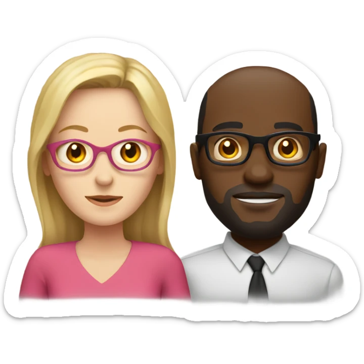 white woman with no glasses wearing a pink dress standing with a black guy with glasses wearing a red shirt sticker