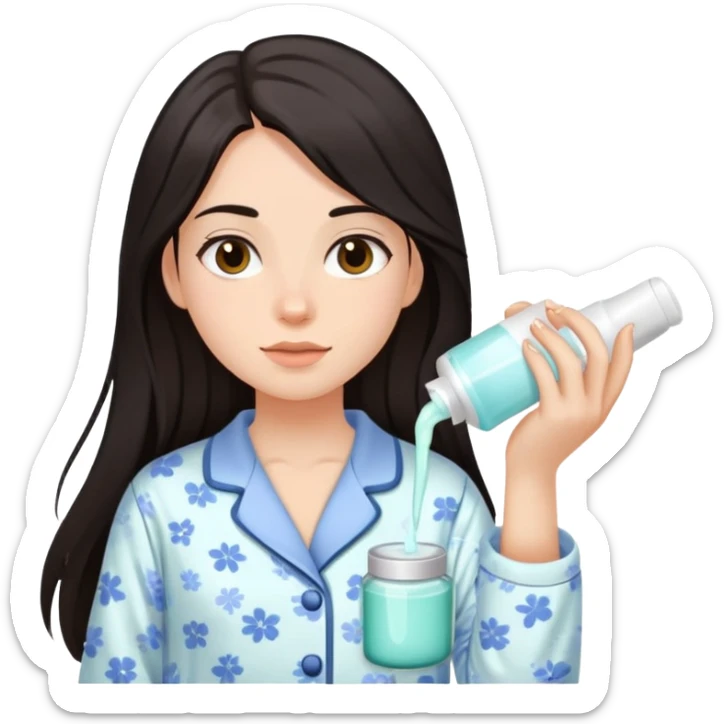 Girl with dark long hair doing skincare in a Pyjama sticker