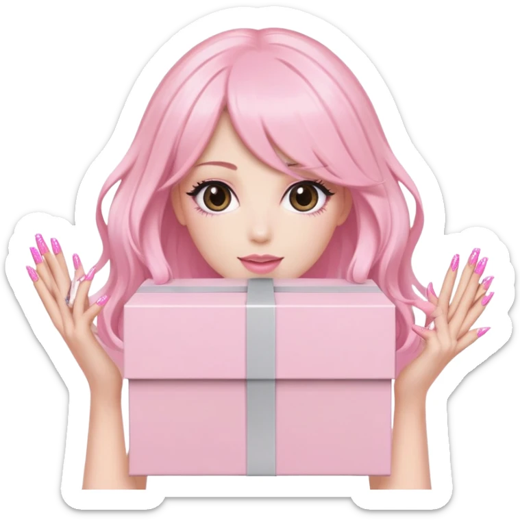 3. “Wig Delivery Day” Emoji Icon  A pastel pink LayLab HD wig box being held by dark brown hands with long pink nails. Box sparkles with excitement. Feminine & luxe. sticker
