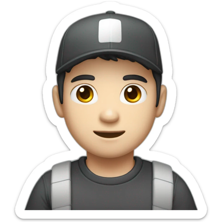 Pale skinned Man with black hair in a white cap and dark gray polo T-shirt keeping a box into his hands sticker