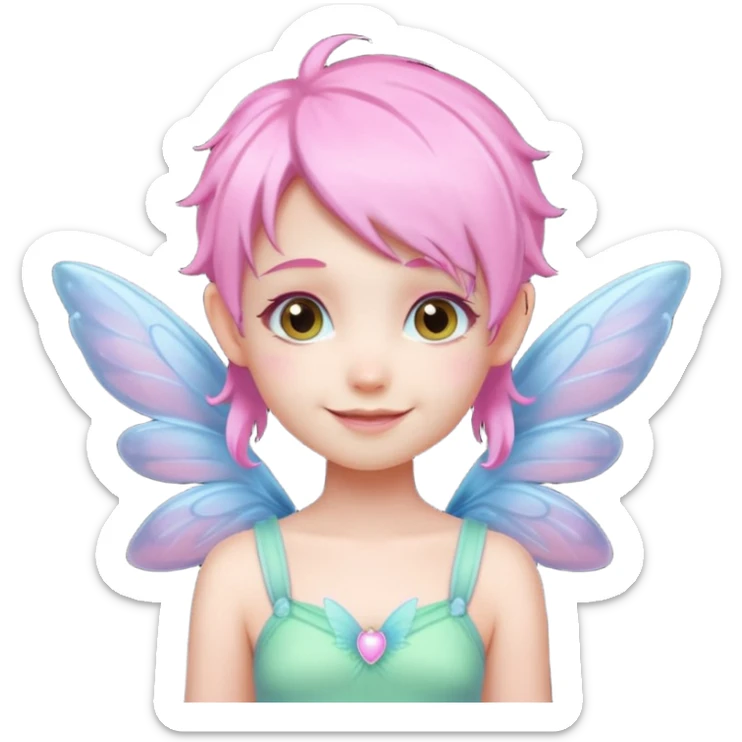 A tiny pastel fairy with pink hair with glowing wings and a sweet smile  sticker