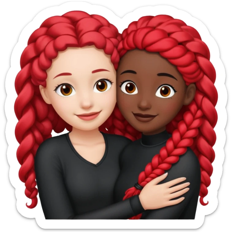 White girl long black hair hugs black girl with red French curl braids  sticker