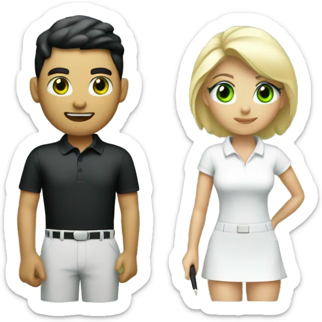 Blond white men green eye wearing white golf outfit and black hair brown eye woman wearing black golf outfit playing golf. sticker