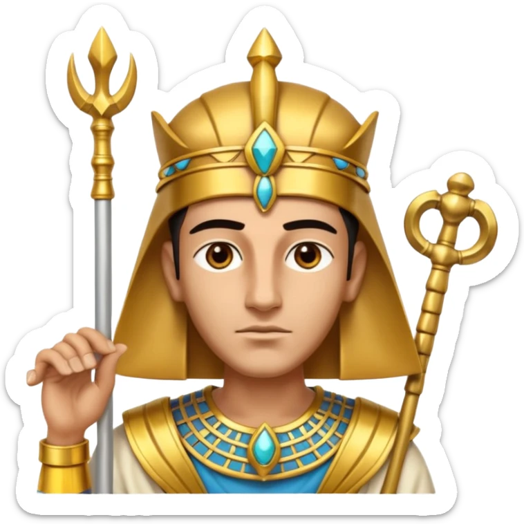 A regal pharaoh with golden headdress, calm stern eyes, and holding a crook and flail with authority.
 sticker