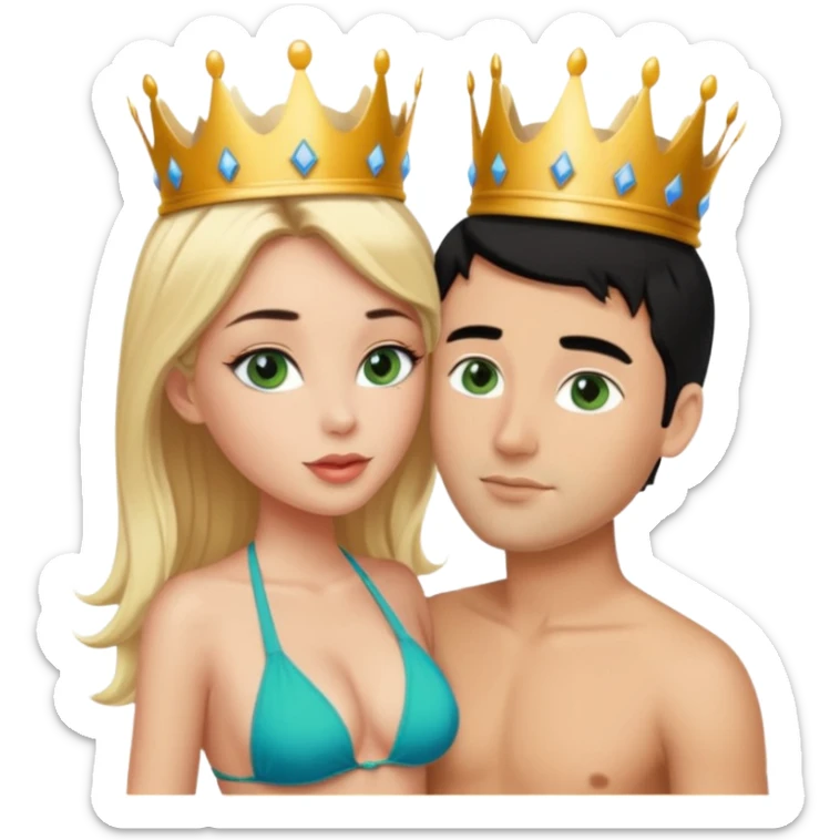 Blonde Queen with crownGreen eyes in Bikini kissing Male subject without crown black hair blue eyes sticker