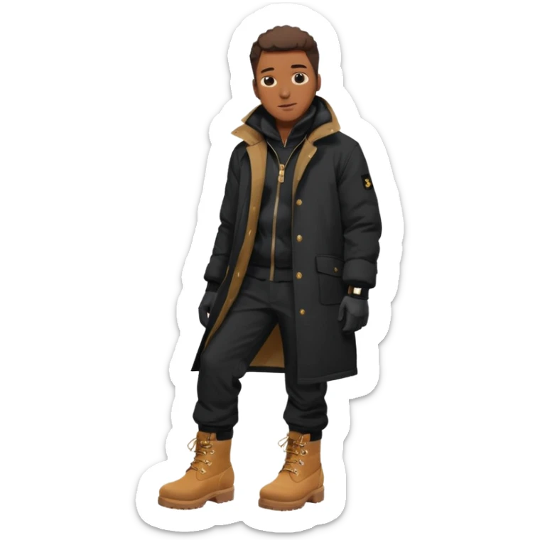 Handsome Black grown man with brown skin tone, wearing black joggers, a black weather coat, and buckwheat timberland boots, and black gloves sticker
