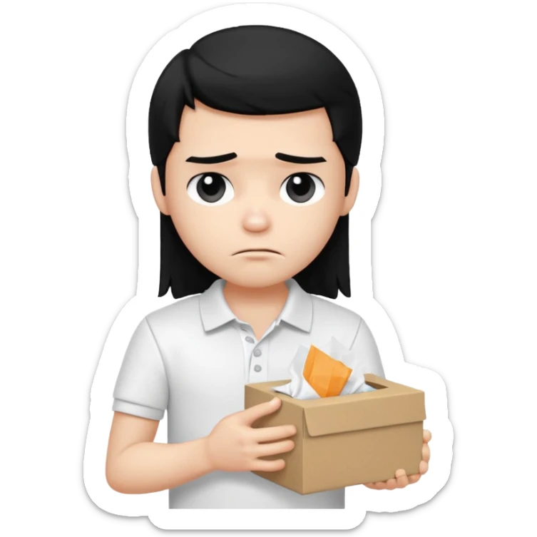 generate a pretty bratz boy with long black hair, wearing a white polo shirt. Looking sad, holding a box of tissues sticker
