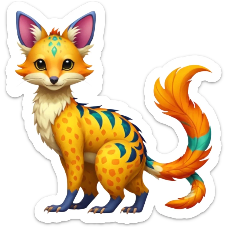 Feral Rare Fantasy vibrant colorful tropical Vernid-Trico-species by LiLaiRa, random markings, tufted tail, tufted ears, full body sticker