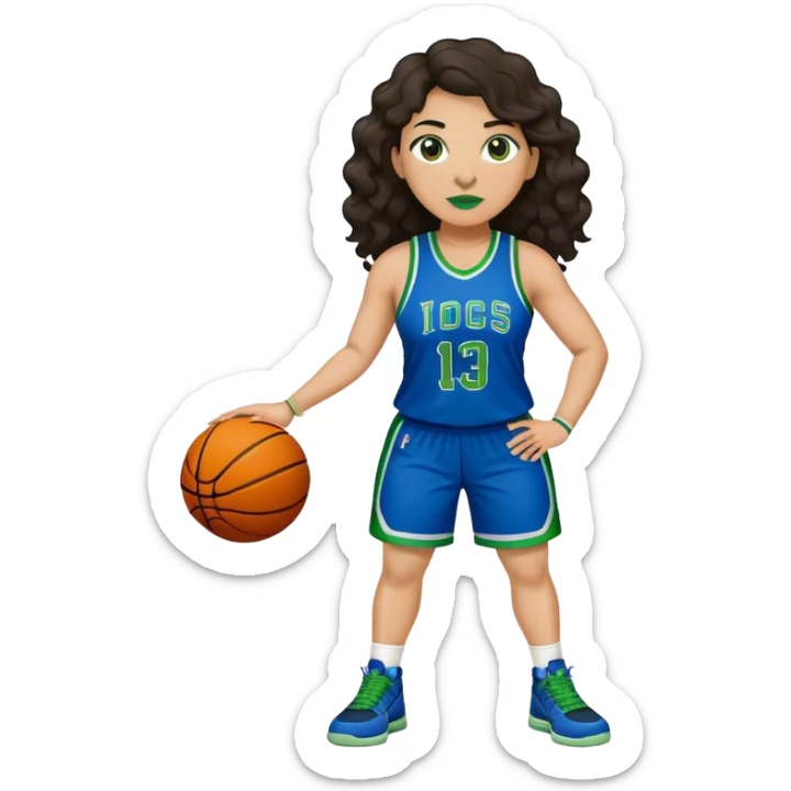 full body plus size light skin latino women basketball player with wavy dark hair large nose wearing blue and green uniform sticker