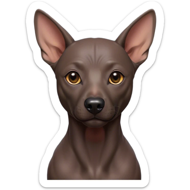Cinematic Noble Xoloitzcuintle dog Portrait Emoji, Poised and regal, with a sleek, muscular build and smooth, hairless ebony skin accented by subtle wrinkles, deep-set soulful dark eyes, Simplified yet sharp and sophisticated features, highly detailed, glowing with a soft, dignified glow, high shine, intelligent and loyal, stylized with an air of ancient grace, focused and attentive, soft glowing outline, capturing the essence of a watchful and confident guardian, so majestic it feels as though it could stride out of the screen with effortless authority! sticker