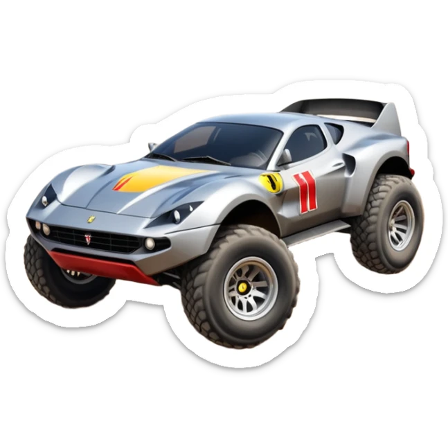 Satan’s RedBull Ferrari -colored Dirty and dented Local Motors Rally Fighter off road race car hot rod trophy truck-style basher flying on a dusty road (silver wheels) sticker