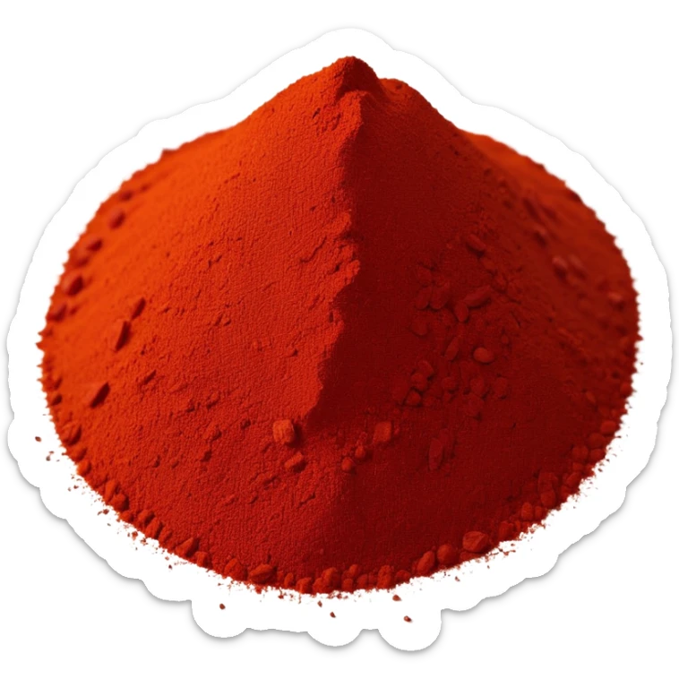 small pile of chili powder, vivid red, finely ground, uneven and grainy, dry matte, some specks at the base, intense color, 3D-rendered, minimal, no faces, transparent background sticker