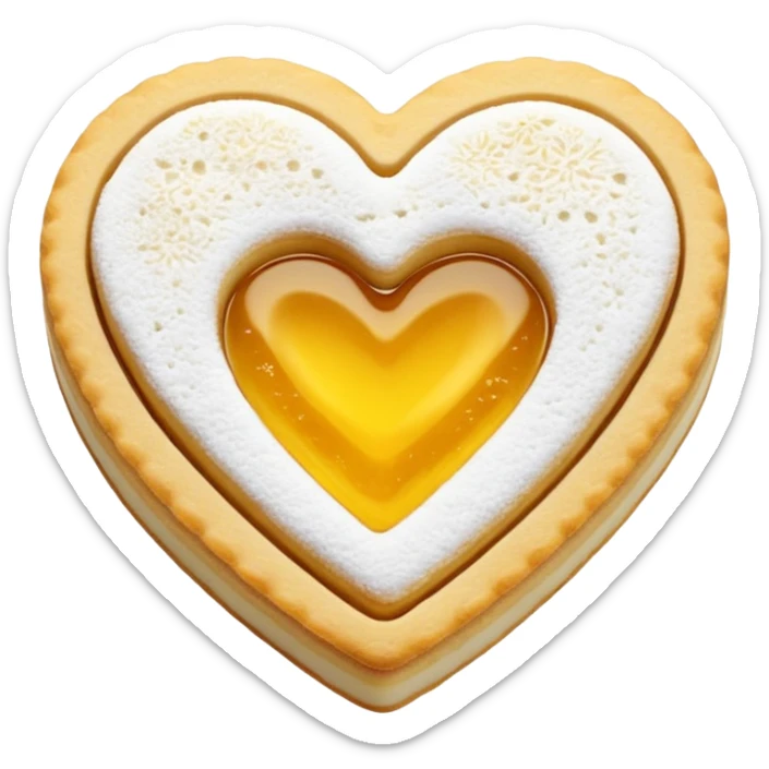 Realistic shortbread cookie in the shape of a heart with color of lemon jelly middle filling and sprinkled powder sugar on top. sticker