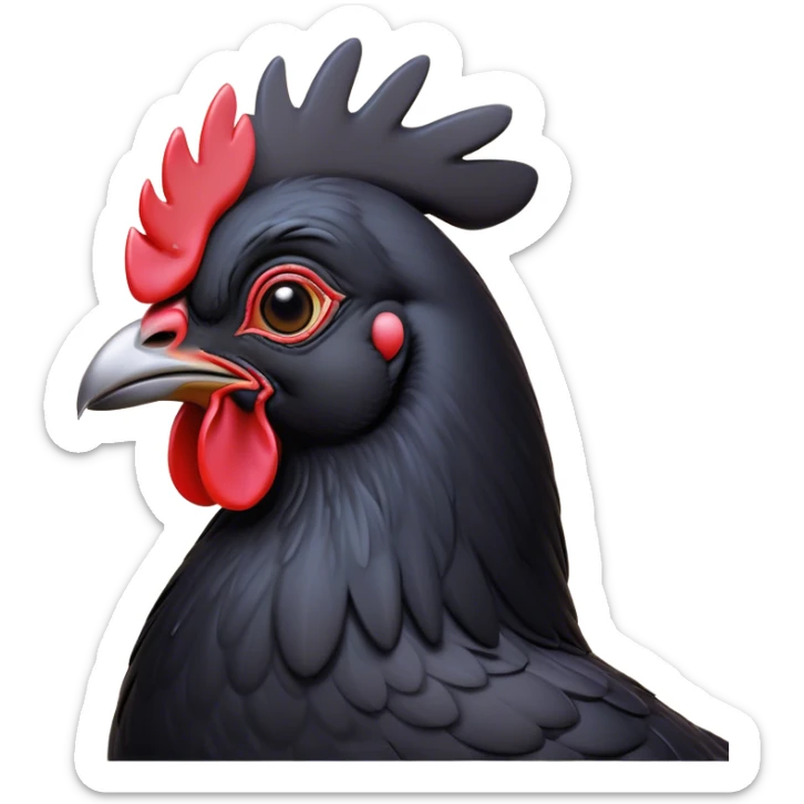 Cinematic Noble Black Chicken Portrait Emoji, Poised and regal, with a compact, sturdy build and a glossy, well-groomed pure black plumage, deep-set soulful beady eyes, Simplified yet sharp and sophisticated features, highly detailed, glowing with a soft, dignified glow, high shine, intelligent and alert, stylized with an air of mysterious elegance, focused and attentive, soft glowing outline, capturing the essence of a watchful and confident fowl, so majestic it feels as though it could strut out of the screen with effortless authority! sticker