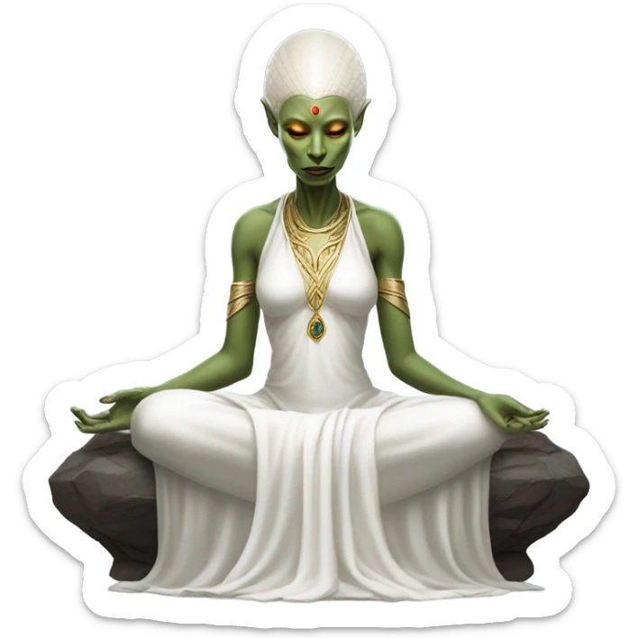 a Reptilian alien woman,in meditation, white dress like a priestess sticker